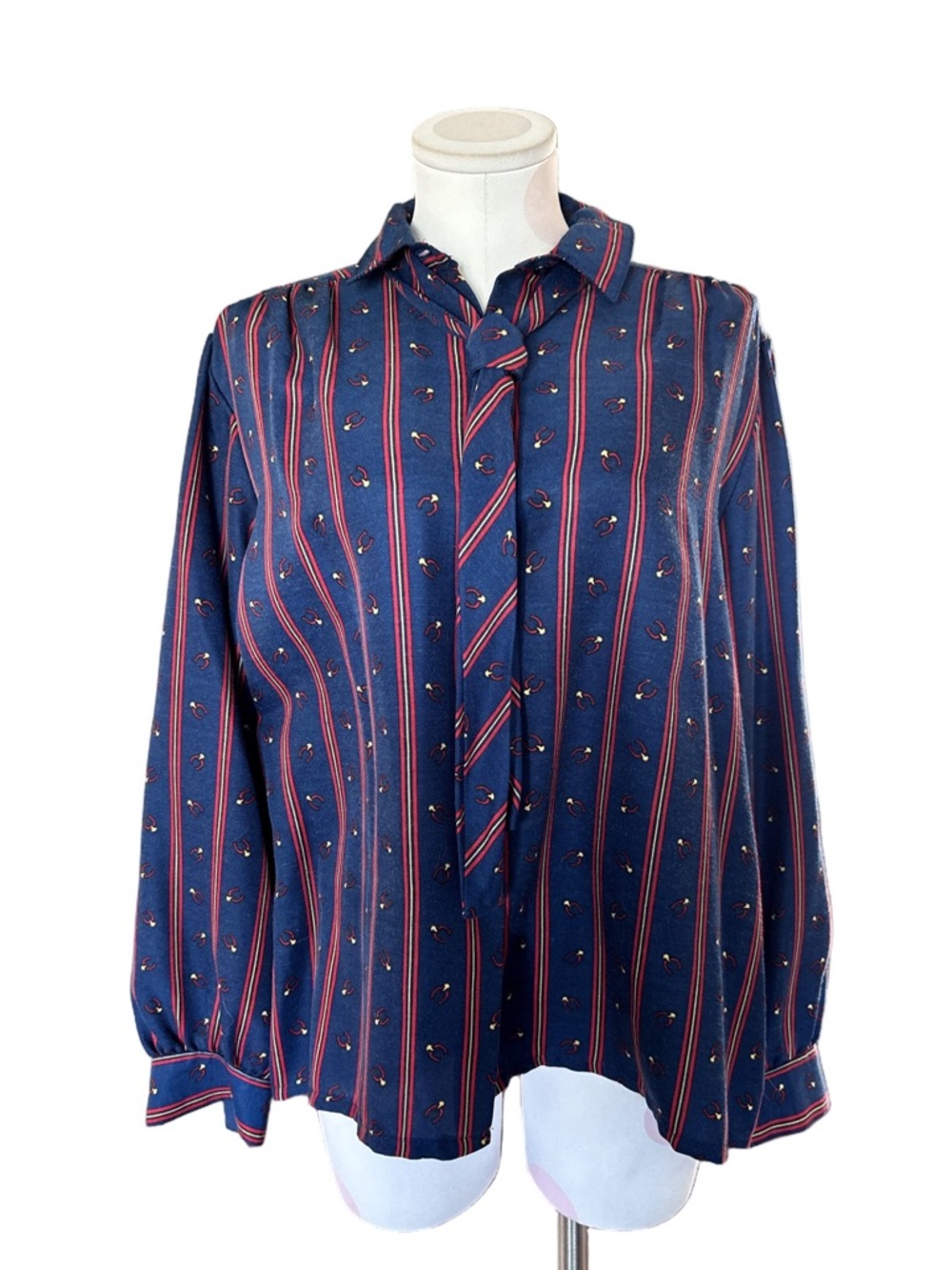 Vintage Secretary Blouse - Navy Red Stripe Horseshoe Print - L